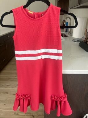 Custom Interview Red Girls' Sleeveless Knit Dress with White Waist Stripes